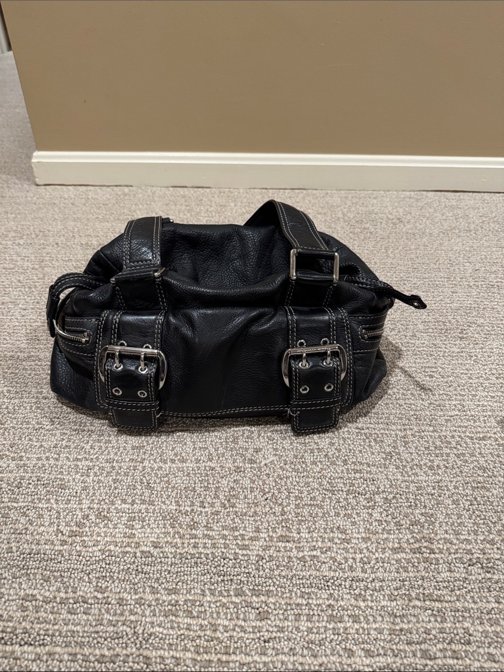 Michael Kors Black Leather Messenger Bag with Silver Buckles